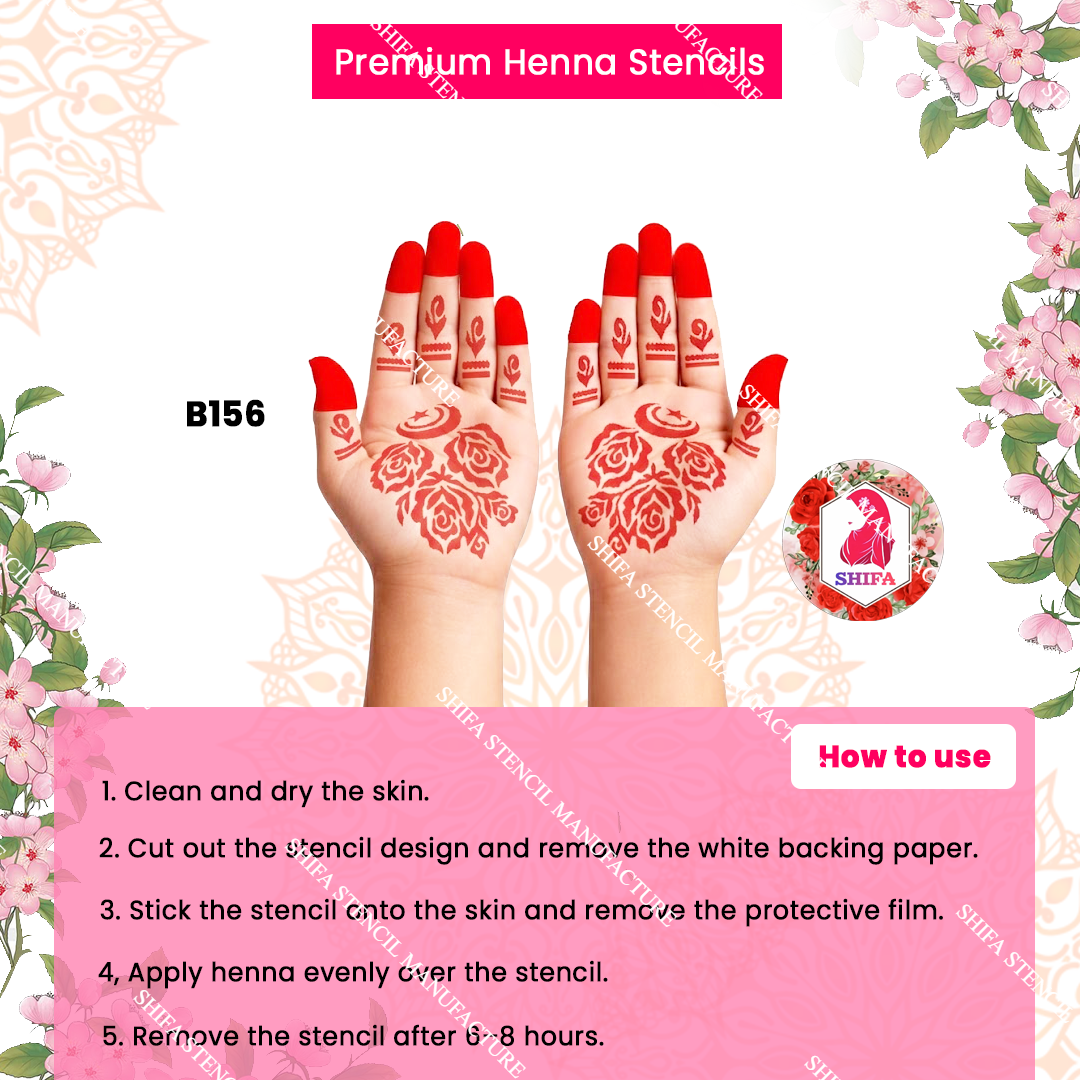 B156 (age 5 to 10) Moonlit Rose Royale Double Hand Henna Stencil